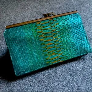 ABAS Peacock Teal Green Blue Snakeskin Kiss Lock Frame 8.75" x 5.5 Wallet Clutch